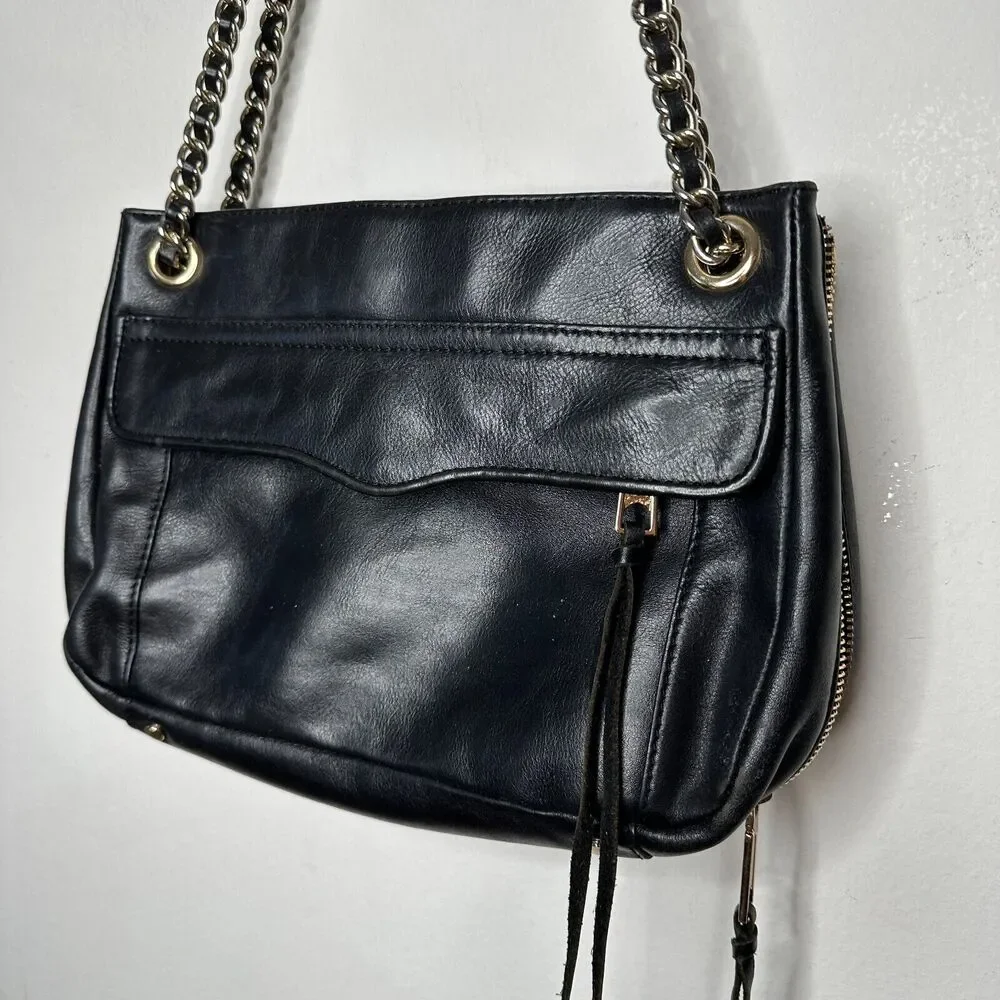 Rebecca Minkoff Black Leather Shoulder Bag Purse with Gold Hardware Chain Strap